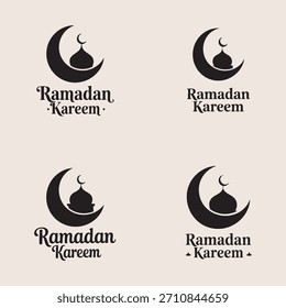 Conjunto de Vector de tipografía Ramadan Kareem con luna creciente y silueta de mezquita