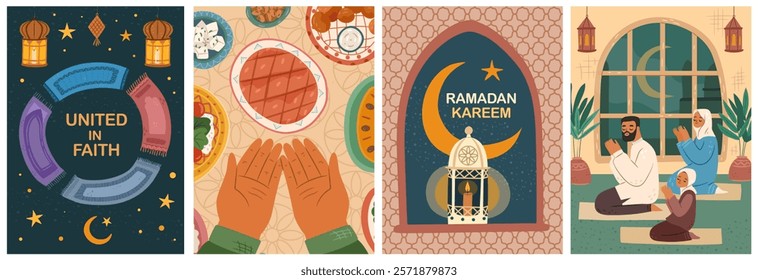 Ramadan kareem, united in faith. Vector posters greetings for holy muslims month. Festive lanterns with candles, moon and stars,people on prayer mats and hands making dua before break fasting