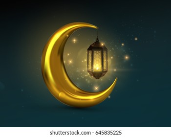 Ramadan Kareem. Vector 3d islam religious illustration of glowing arabic lantern, shiny particles and golden crescent moon. Muslim holy month Ramadan postcard design.