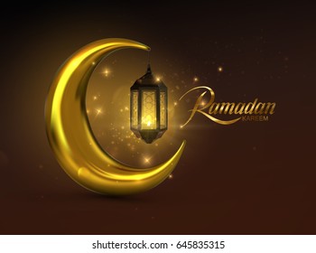 Ramadan Kareem. Vector 3d islam religious illustration of glowing arabic lantern, shiny particles and golden crescent moon. Muslim holy month Ramadan postcard design.