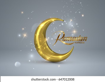 Ramadan Kareem. Vector 3d islam religious illustration of shiny particles, stars and golden crescent moon. Muslim holy month Ramadan postcard design