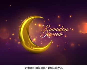 Ramadan Kareem. Vector 3d religious illustration of shiny particles, sparkles and golden crescent moon. Muslim holy month Ramadan postcard design. Islamic event