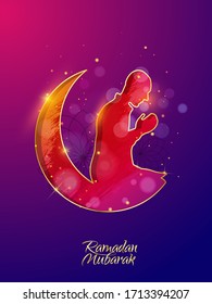 Ramadan Kareem vector abstract background with Man Praying with Moon for banner, Flyer, social media, print, poster, web.