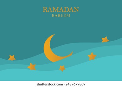 Ramadan Kareem vector backgound, 3d paper cut waves and stars on night sky, template with gold moon.