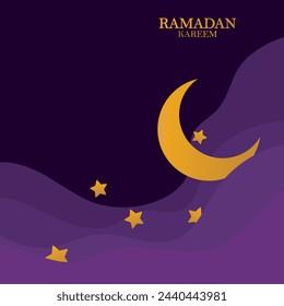 Ramadan Kareem vector backgound, 3d paper cut waves and stars on night sky, template with gold moon.