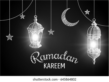 Ramadan Kareem vector background with chalk drawn lanterns stars and crescent moon.