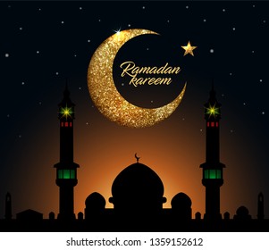 Ramadan Kareem vector background with crescent made from shiny small gold glitter squares, pixel style. Traditional Islamic holy holiday. Creative design greeting card, banner, poster.