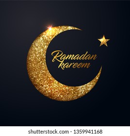 Ramadan Kareem vector background with crescent made from shiny small gold glitter squares, pixel style. Traditional Islamic holy holiday. Creative design greeting card, banner, poster.
