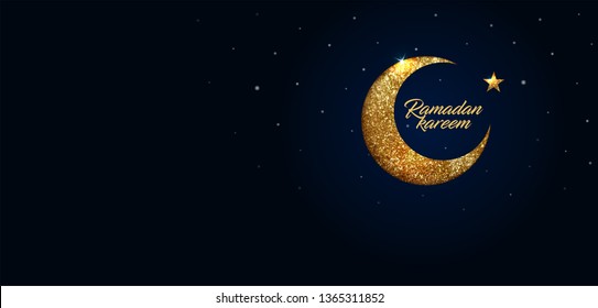 Ramadan Kareem vector background with crescent made from shiny small gold glitter squares, pixel style. Traditional Islamic holy holiday. Creative design greeting card, banner, poster.