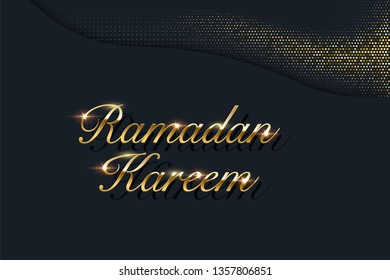 Ramadan Kareem vector background. Golden text and sparkling golden glitter on dark background.