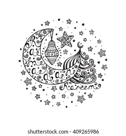 Ramadan Kareem Vector Background. Hand Drawn Crescent, Lantern, Mosque, Stars. Greeting card template  for holy month of muslim community festival Ramadan Kareem