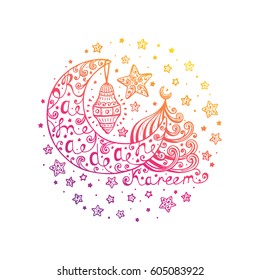 Ramadan Kareem Vector Background. Hand Drawn Crescent, Lantern, Mosque, Stars. Greeting card template for holy month of muslim community festival Ramadan Kareem.