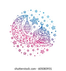 Ramadan Kareem Vector Background. Hand Drawn Crescent, Lantern, Mosque, Stars. Greeting card template for holy month of muslim community festival Ramadan Kareem.