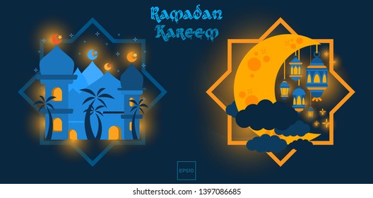 Ramadan Kareem vector background with islamic illustration image in neon style.