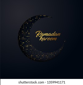 Ramadan Kareem vector background made from shiny small gold dots and effect of the cut paper. Traditional Islamic holy holiday. Creative design greeting card, banner, poster.