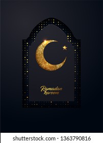 Ramadan Kareem vector background made from shiny small gold dots and effect of the cut paper. Traditional Islamic holy holiday. Creative design greeting card, banner, poster.