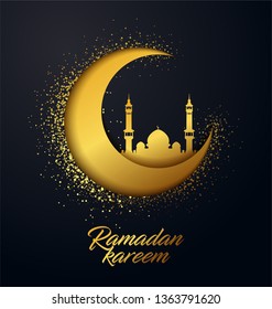 Ramadan Kareem vector background made from shiny small gold spray dots and effect of the cut paper. Traditional Islamic holy holiday. Creative design greeting card, banner, poster.