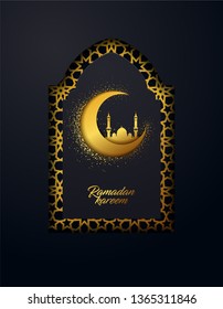 Ramadan Kareem vector background made from shiny gold ornament and effect of the cut paper. Traditional Islamic holy holiday. Creative design greeting card, banner, poster.
