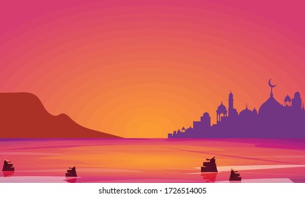 Ramadan Kareem. vector background vector of a mosque above the ocean. natural background