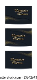 Ramadan Kareem vector background set. Card collection with golden text and sparkling golden glitter on dark background