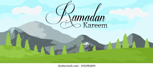 Ramadan kareem, diseño de banner vectorial para ramadán con fondo del desierto y vista matutina, y texto ramadan