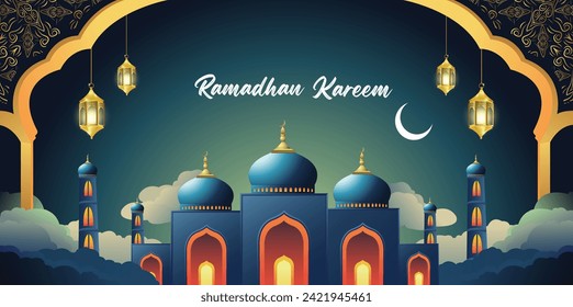 Ramadan Kareem vector banner with paper cut arabic lanterns, clouds, mosque. Traditional background for the Muslim holy month