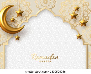 Ramadan Kareem vector card with 3d golden metal crescent and stars. Arabic style arch in beige color with traditional pattern. Copy space.