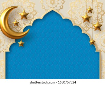 Ramadan Kareem vector card with 3d golden metal crescent and stars. Arabic style arch with traditional pattern. Copy space.