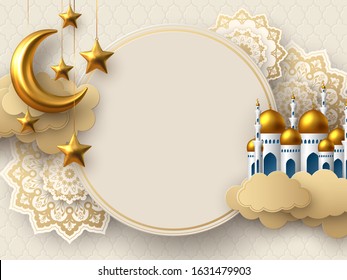 Ramadan Kareem vector card with 3d golden metal crescent, stars, paper cut clouds, mosque and flowers. Copy space.