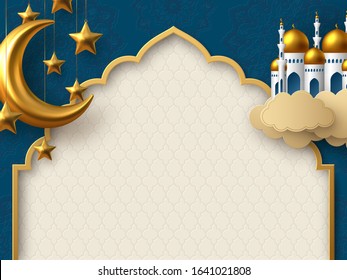 Ramadan Kareem vector card with 3d golden metal crescent, hanging stars, paper cut clouds, mosque. Arabic style arch with traditional pattern. Copy space.