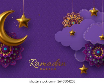 Ramadan Kareem vector card with 3d golden metal crescent, stars, paper cut clouds and flowers. Violet traditional background for Muslim holy month.