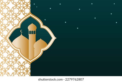 Ramadan Kareem vector card with 3d mosque and arabic pattern. Arabic style arch in gold and green color with traditional pattern