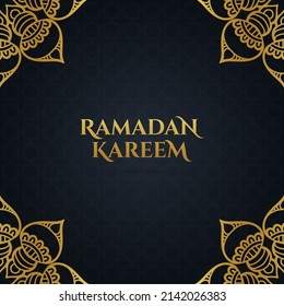 Ramadan Kareem vector card. black color combined with gold. surrounded by a golden Arabic-style mandala with the greeting of Ramadan. suitable for use as Ramadan designs, Ramadan cards, social media.
