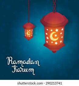 Ramadan Kareem vector card. Illustration with lamp and stars.