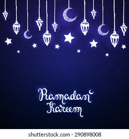 Ramadan Kareem vector card. Illustration with lamp, moon and stars.