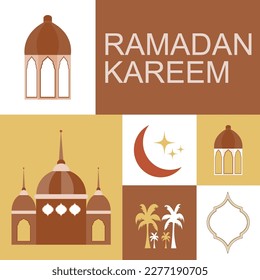 Ramadan Kareem Vector Card. Modern style geometric greeting card with retro boho designs. Ramadan card with lamp, mosque, palm date trees, frame, typography and crescent moon with stars