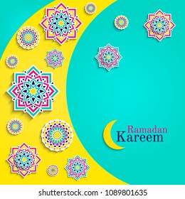 Ramadan Kareem vector card with moon. Islamic greeting card. Arabic holidays design. Round elements,flowers. Floral pattern with text. Traditional islam fasting decoration. Elegant arabian background