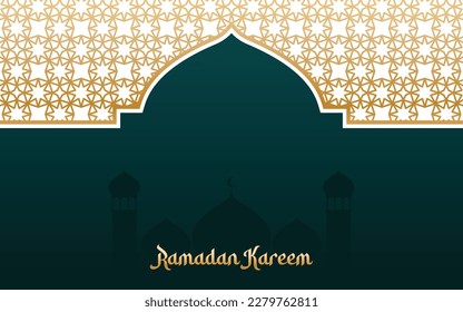 Ramadan Kareem vector card with mosque arc and arabic pattern. Arabic style arch in gold and green color with traditional pattern