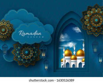 Ramadan Kareem vector card with paper cut arabic window, clouds and flowers, mosque. Blue traditional background for Muslim holy month.