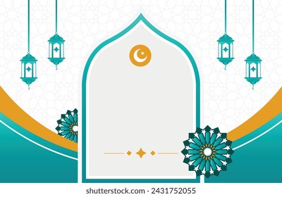 Ramadan Kareem vector card with soft arabic pattern background Mosque and lantern. Arabic style in gold color with traditional pattern. Copy space.