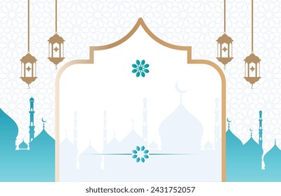 Ramadan Kareem vector card with soft arabic pattern background Mosque and lantern. Arabic style in gold color with traditional pattern. Copy space.