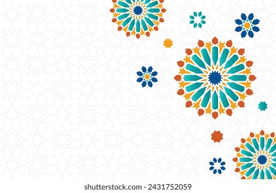 Ramadan Kareem vector card with soft arabic pattern background Mosque and lantern. Arabic style in gold color with traditional pattern. Copy space.