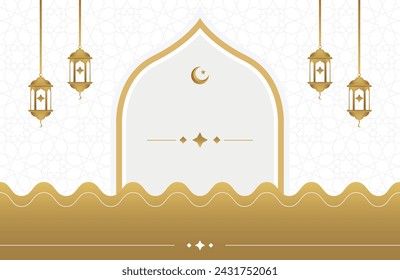 Ramadan Kareem vector card with soft arabic pattern background Mosque and lantern. Arabic style in gold color with traditional pattern. Copy space.