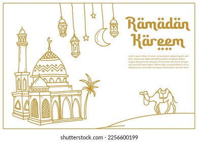 Ramadan kareem, vector celebration of holy month of ramadan mosque hand drawn design for banner, flyer, poster and greeting card
