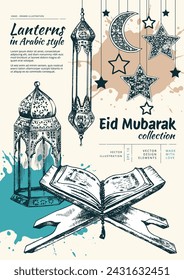 Ramadan Kareem vector collection. Isolated hand drawn unique Islamic symbols set. Great for creating your own Ramadan Mubarak, Eid-al-Fitr design. Lanterns, Quran, crescent and stars.