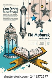 Ramadan Kareem vector collection. Isolated hand drawn unique Islamic symbols set. Great for creating your own Ramadan Mubarak, Eid-al-Fitr design. Lanterns, Quran, crescent and stars.