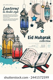 Ramadan Kareem vector collection. Isolated hand drawn unique Islamic symbols set. Great for creating your own Ramadan Mubarak, Eid-al-Fitr design. Lanterns, Quran, crescent and stars.