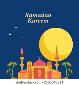 Ramadan Kareem. Vector consept with golden moon, stars and silhouette of old orient architectural monument. Fairytale oriental city. Sultan's palace.  Colorful vector illustration