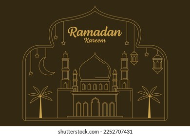 Ramadan Kareem, Vektordesign-Illustration Monoline oder Line Art, Moschee, Laterne, Mond