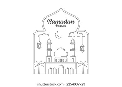 Ramadan Kareem, Vektordesign-Illustration Monoline oder Line Art, Moschee, Laterne, Mond, Cloud